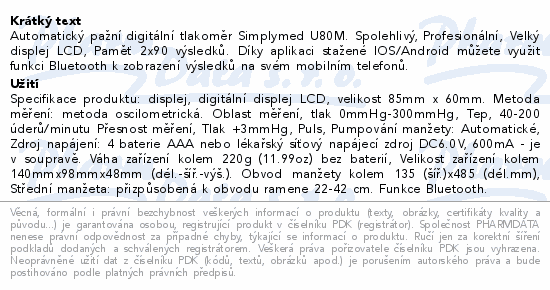 SimplyMed Autom.pažní tlakoměr U80M s bluetooth