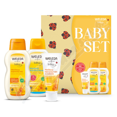 Weleda měsíčkový kojenecký krém 75 ml + Měsíčková kojenecká koupel 200 ml + měsíčkový kojenecký olej 200 ml + bavlněná plena s potiskem dárková sada